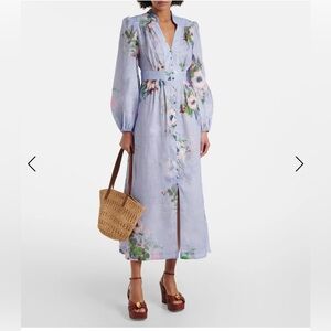 Zimmermann Everley Plunge Floral Long Sleeve Linen Dress